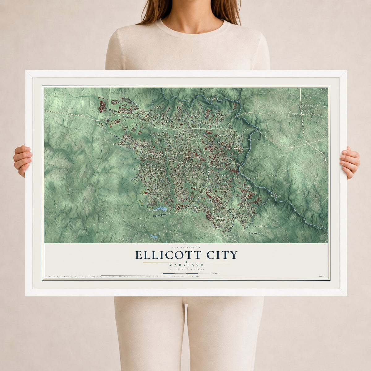 Map of Ellicott City, Maryland, 24 x 36 inch print in a white wood frame