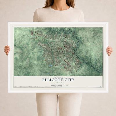 Map of Ellicott City, Maryland, 24 x 36 inch print in a white wood frame
