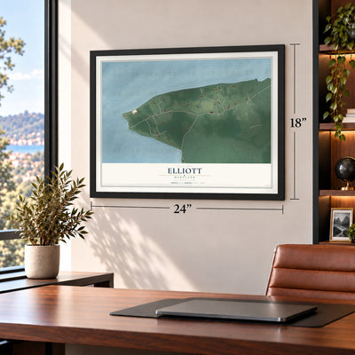 Elliott, Maryland map, 18 x 24 inch print in a black frame in a home office