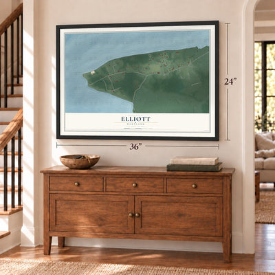 Elliott, Maryland map, 24 x 36 inch print in a black frame above a dresser by a staircase