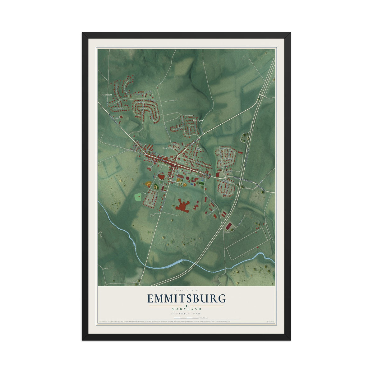 Map of Emmitsburg, Maryland, 12 x 18 inch print in a black wood frame