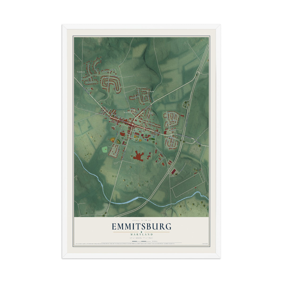 Map of Emmitsburg, Maryland, 12 x 18 inch print in a white wood frame
