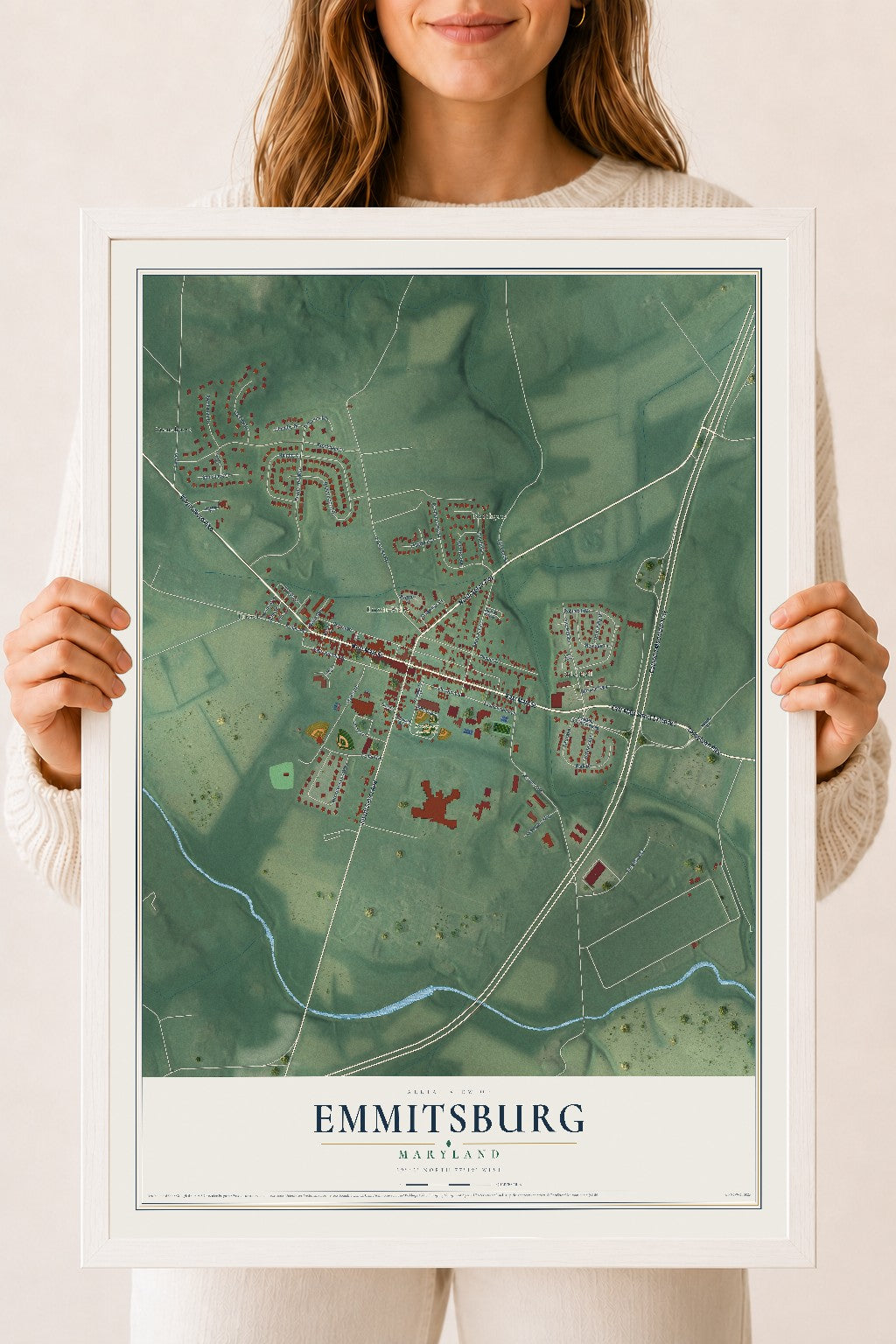 Map of Emmitsburg, Maryland, 18 x 24 inch print in a white wood frame