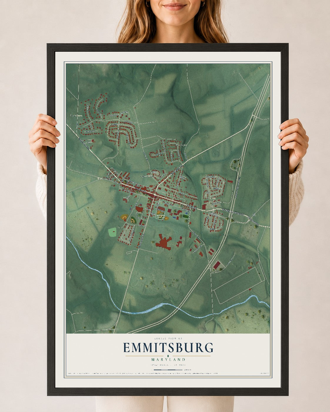 Map of Emmitsburg, Maryland, 24 x 36 inch print in a black wood frame