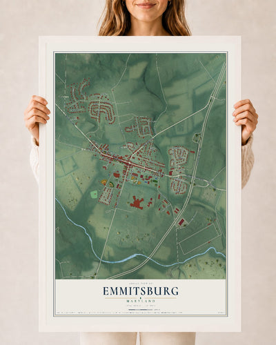 Map of Emmitsburg, Maryland, 24 x 36 inch print in a white wood frame