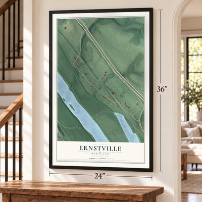Ernstville, Maryland map, 24 x 36 inch print in a black frame by a staircase