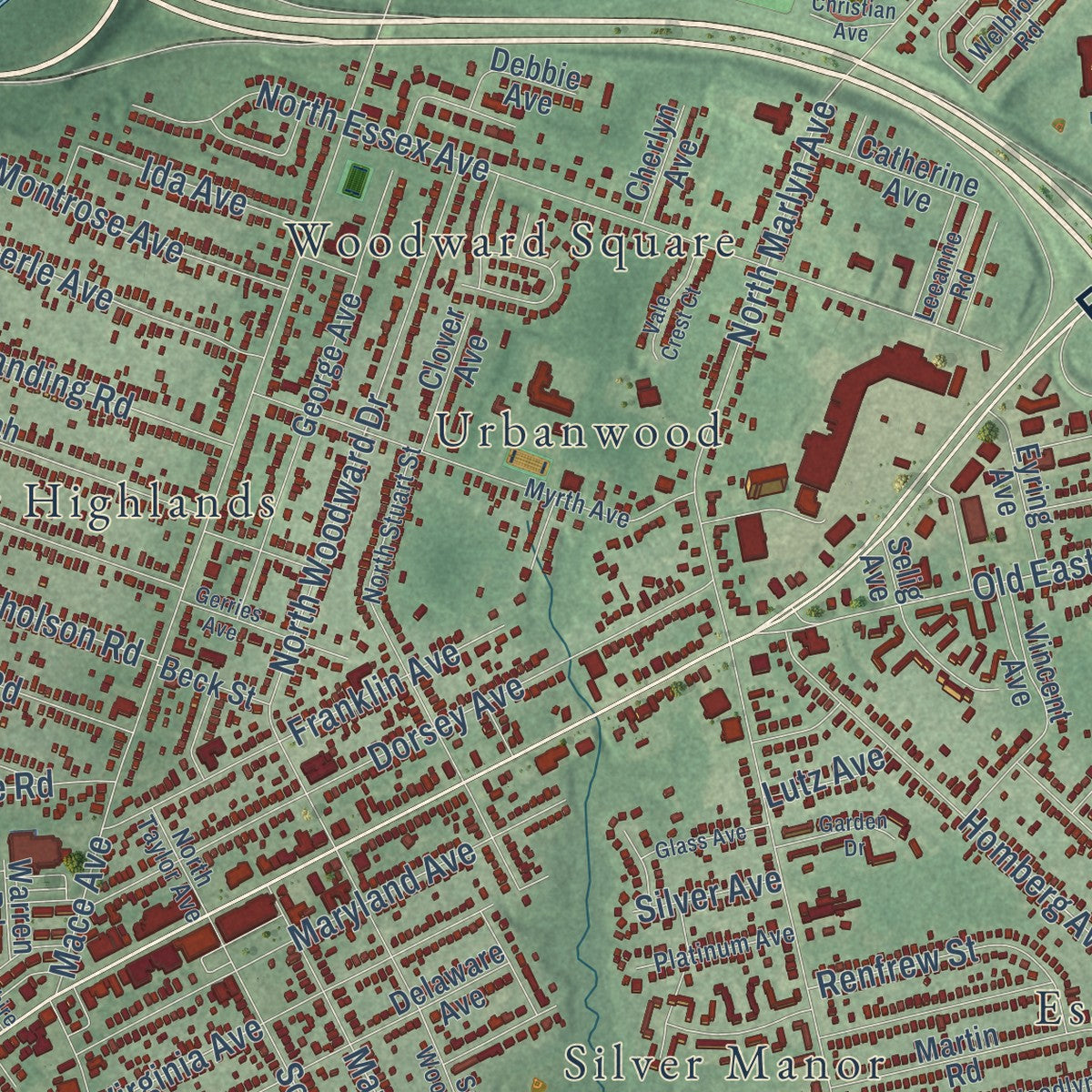 Close-up of the map of Essex, Maryland print showing street and building detail
