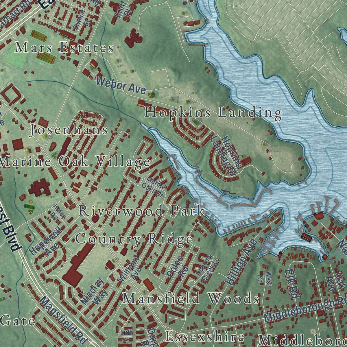 Second close-up of the map of Essex, Maryland print showing more streets and buildings