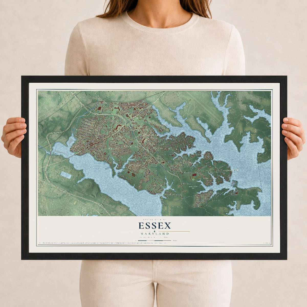 Map of Essex, Maryland, 12 x 18 inch print in a black wood frame