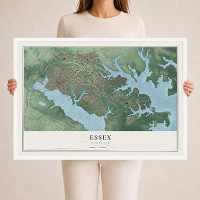 Map of Essex, Maryland, 24 x 36 inch print in a white wood frame