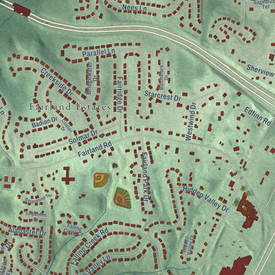 Close-up of the map of Fairland, Maryland print showing street and building detail