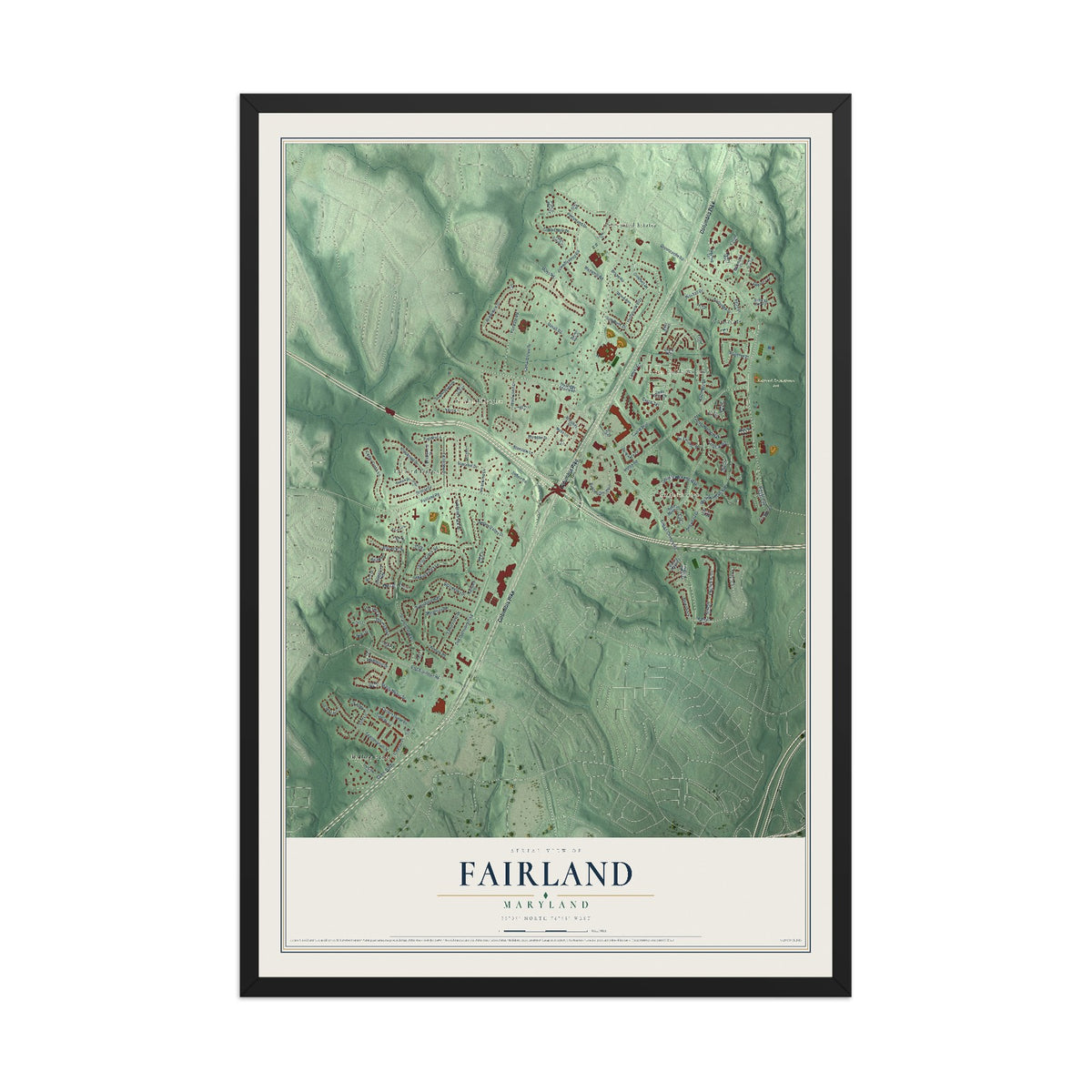 Map of Fairland, Maryland, 12 x 18 inch print in a black wood frame