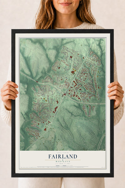 Map of Fairland, Maryland, 18 x 24 inch print in a black wood frame