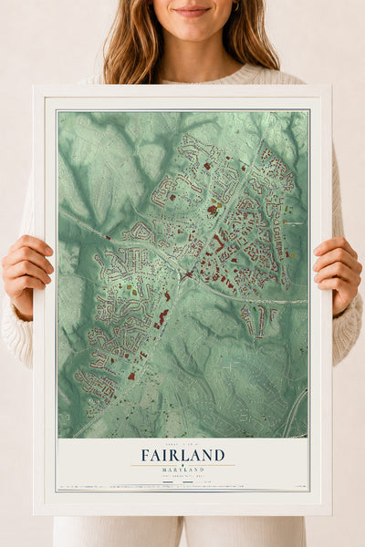 Map of Fairland, Maryland, 18 x 24 inch print in a white wood frame