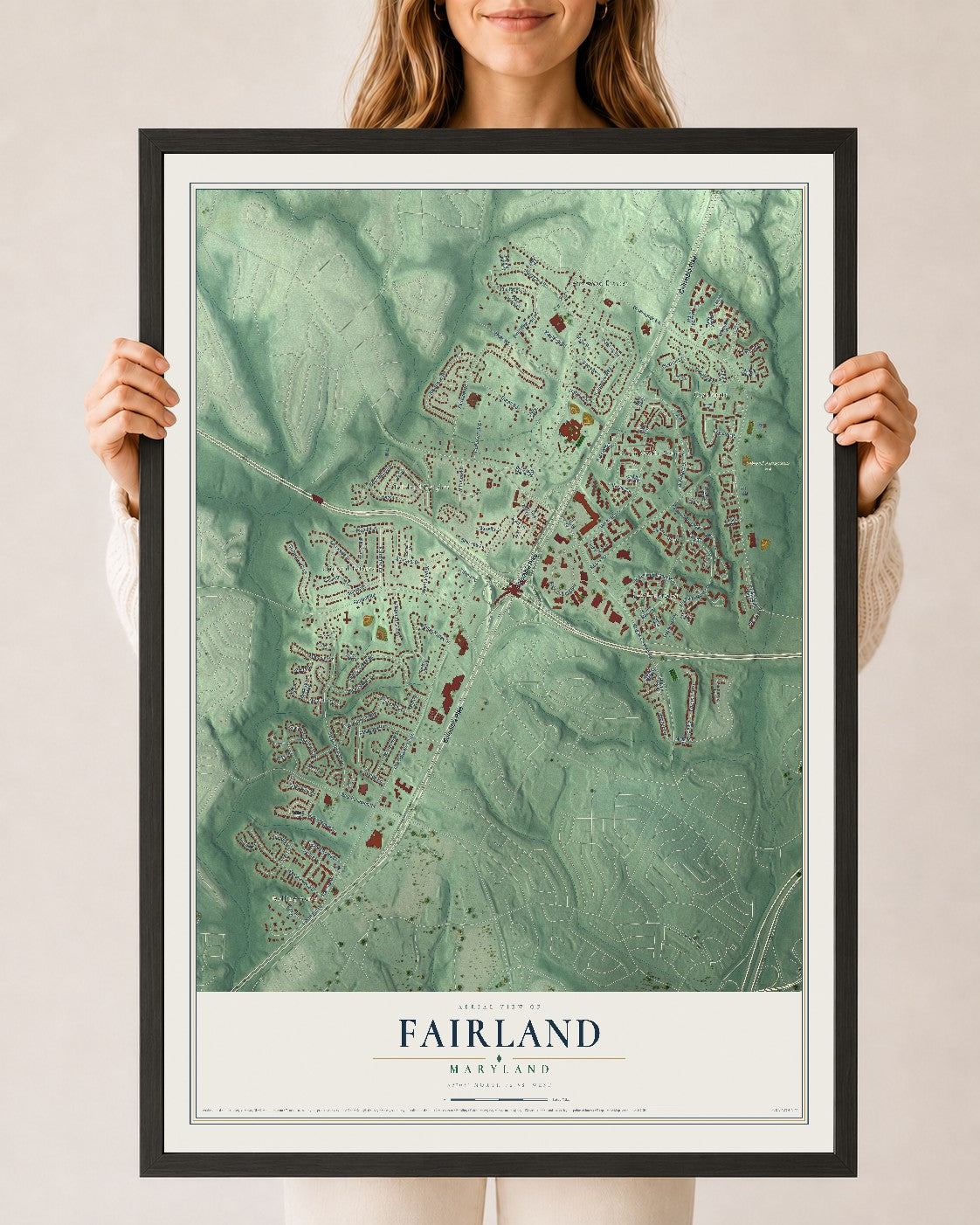 Map of Fairland, Maryland, 24 x 36 inch print in a black wood frame