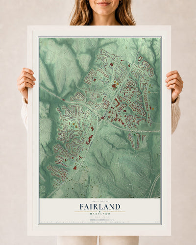 Map of Fairland, Maryland, 24 x 36 inch print in a white wood frame