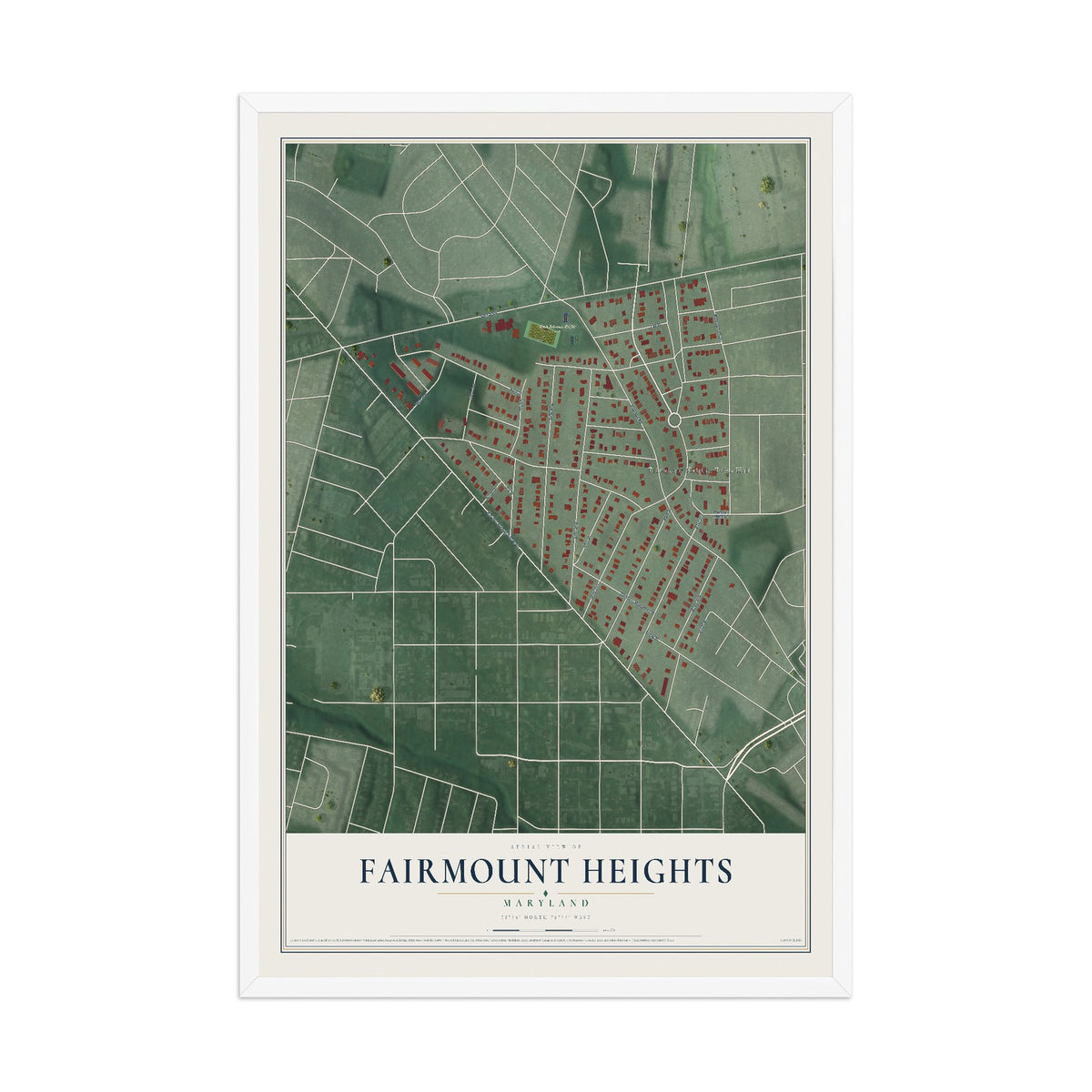 Map of Fairmount Heights, Maryland, 12 x 18 inch print in a white wood frame