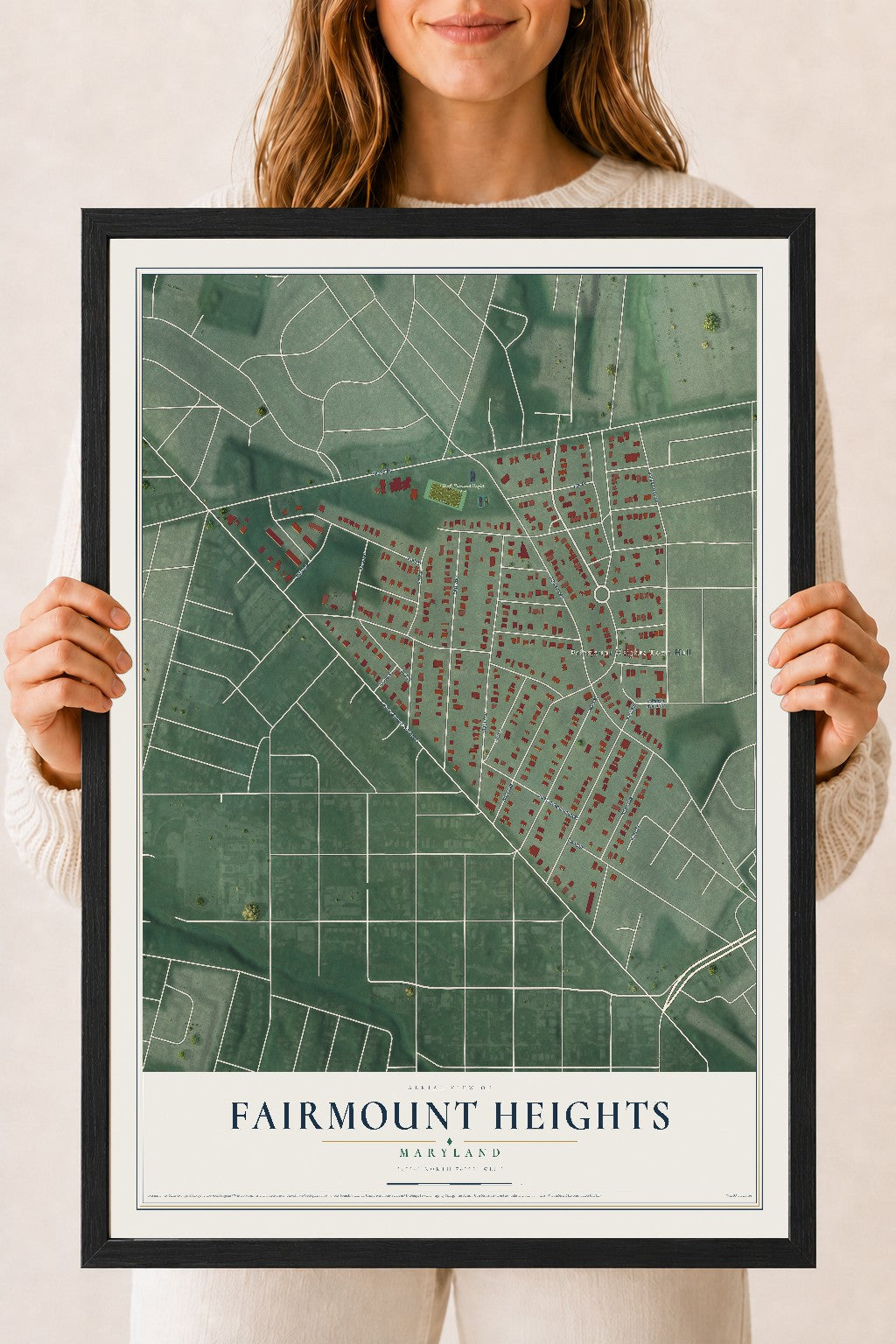 Map of Fairmount Heights, Maryland, 18 x 24 inch print in a black wood frame