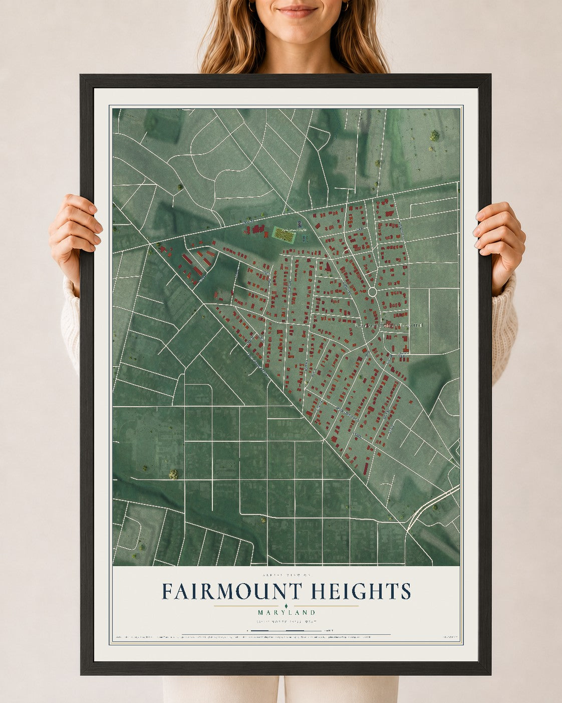 Map of Fairmount Heights, Maryland, 24 x 36 inch print in a black wood frame