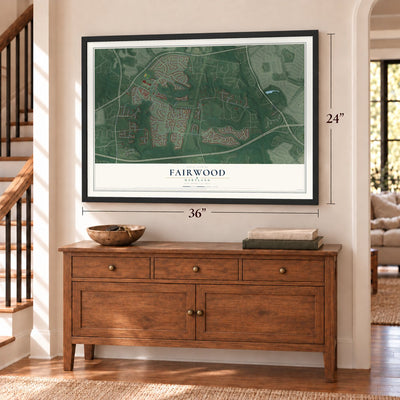 Fairwood, Maryland map, 24 x 36 inch print in a black frame above a dresser by a staircase