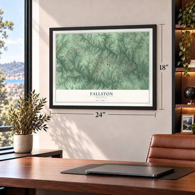 Fallston, Maryland map, 18 x 24 inch print in a black frame in a home office