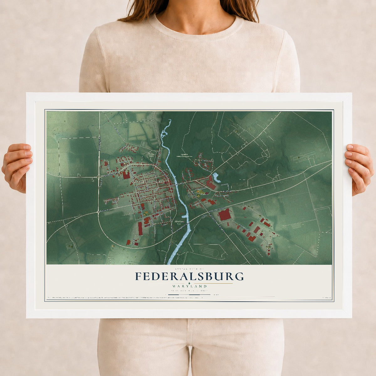 Map of Federalsburg, Maryland, 12 x 18 inch print in a white wood frame