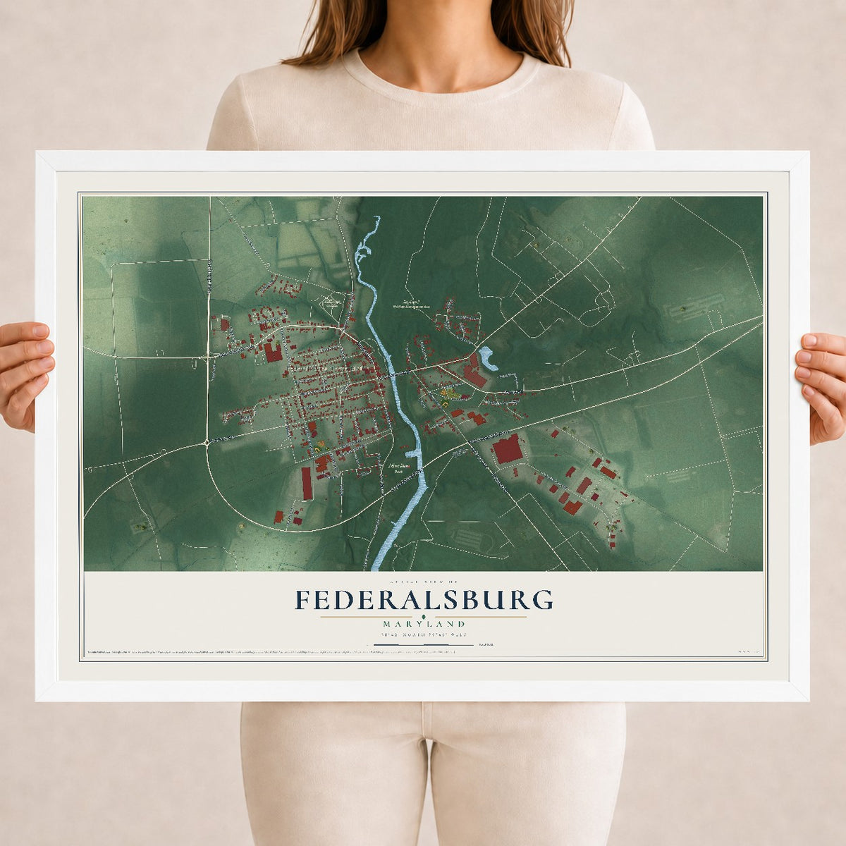 Map of Federalsburg, Maryland, 18 x 24 inch print in a white wood frame