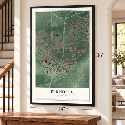 Ferndale, Maryland map, 24 x 36 inch print in a black frame by a staircase