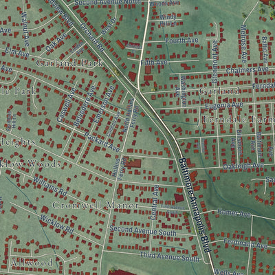 Close-up of the map of Ferndale, Maryland print showing street and building detail
