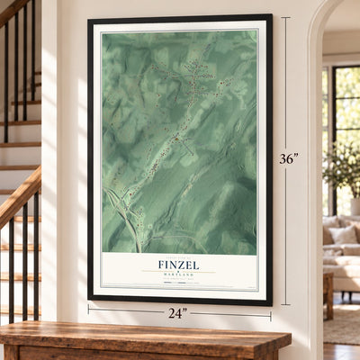 Finzel, Maryland map, 24 x 36 inch print in a black frame by a staircase