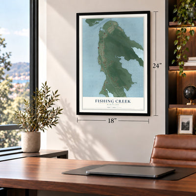 Fishing Creek, Maryland map, 18 x 24 inch print in a black frame in a home office
