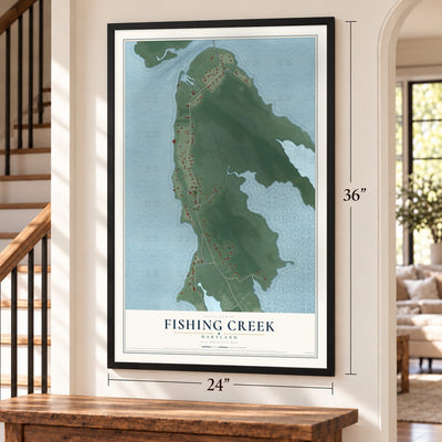 Fishing Creek, Maryland map, 24 x 36 inch print in a black frame by a staircase