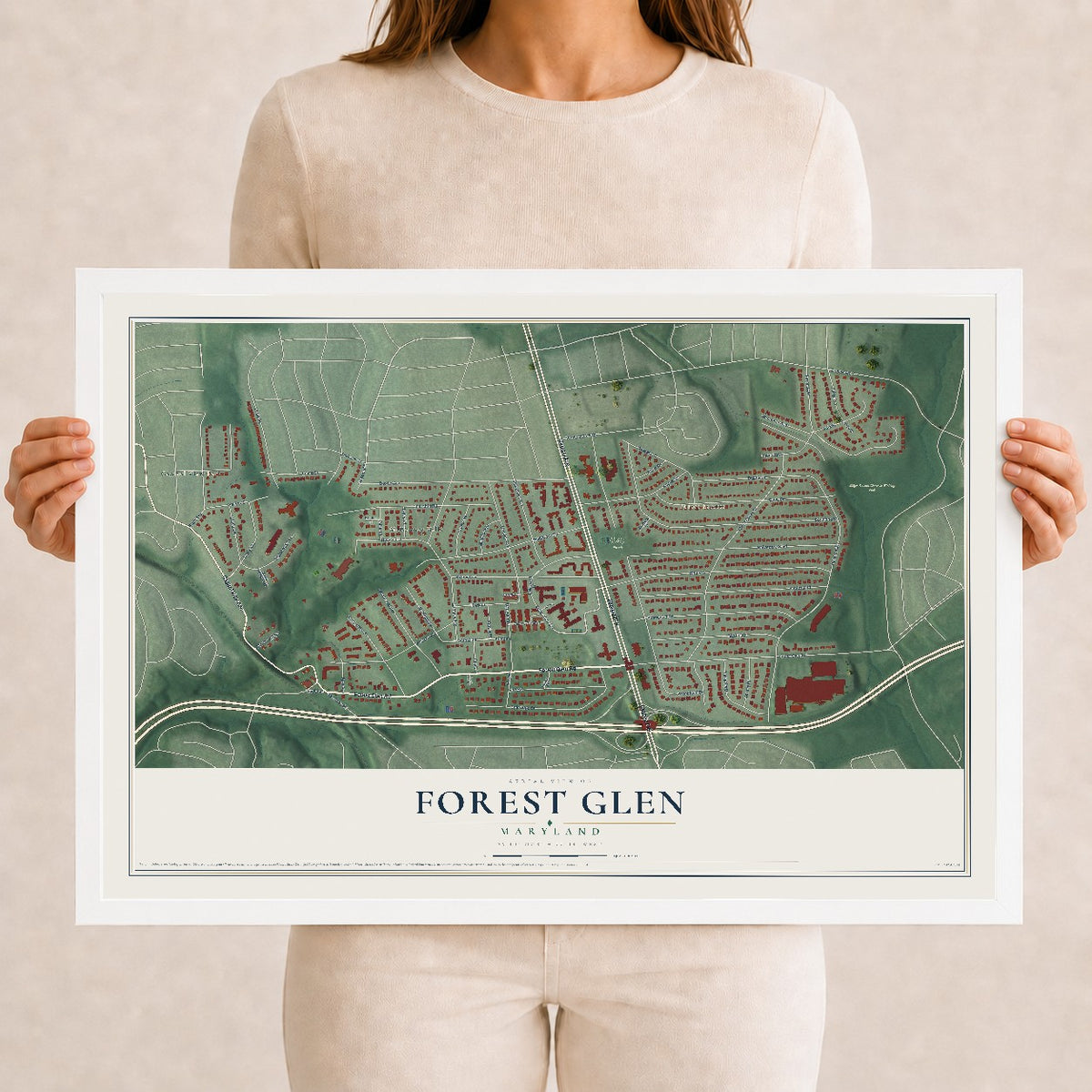 Map of Forest Glen, Maryland, 12 x 18 inch print in a white wood frame