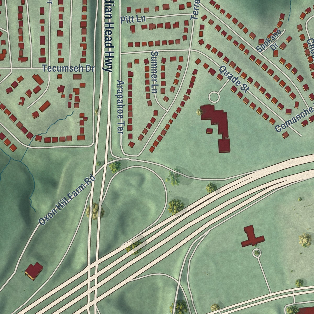 Close-up of the map of Forest Heights, Maryland print showing street and building detail