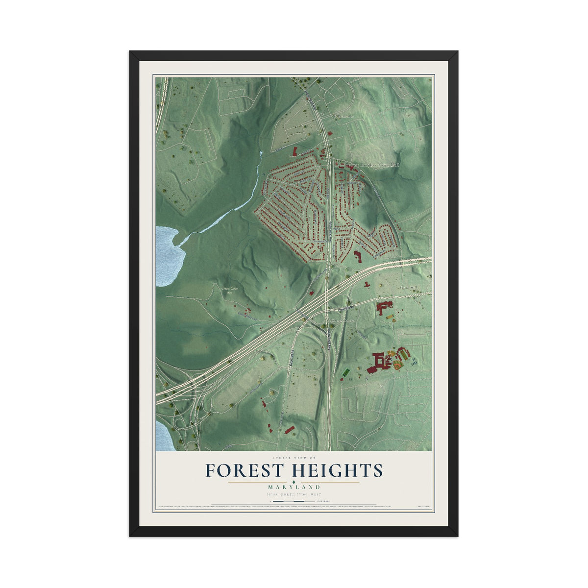 Map of Forest Heights, Maryland, 12 x 18 inch print in a black wood frame