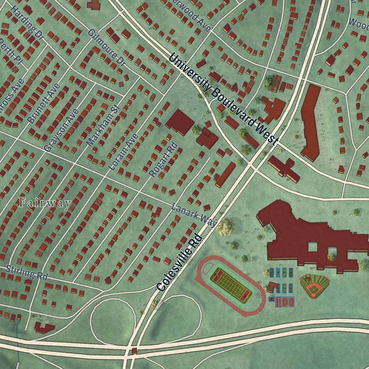 Close-up of the map of Four Corners, Maryland print showing street and building detail