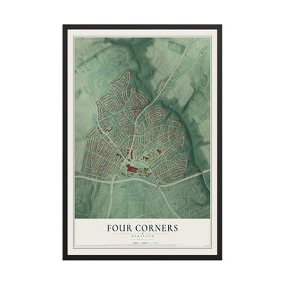 Map of Four Corners, Maryland, 12 x 18 inch print in a black wood frame