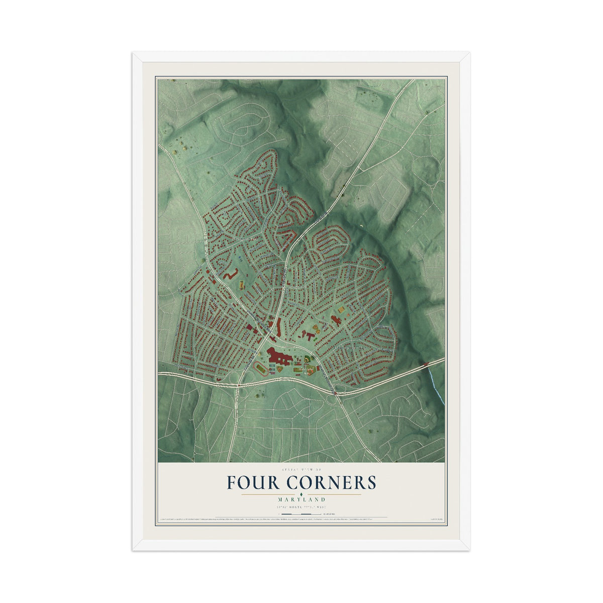 Map of Four Corners, Maryland, 12 x 18 inch print in a white wood frame