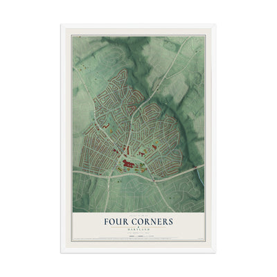 Map of Four Corners, Maryland, 12 x 18 inch print in a white wood frame