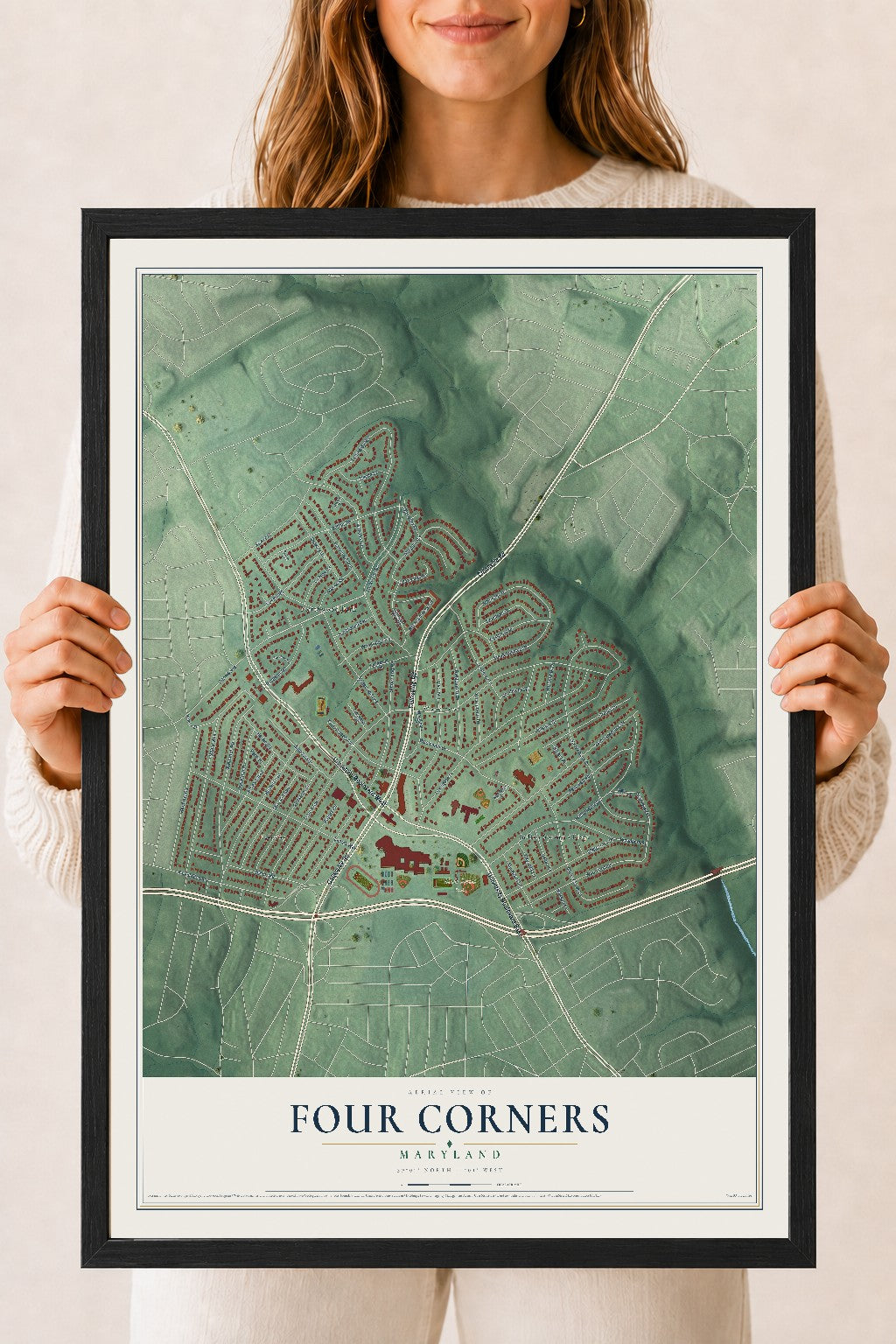 Map of Four Corners, Maryland, 18 x 24 inch print in a black wood frame