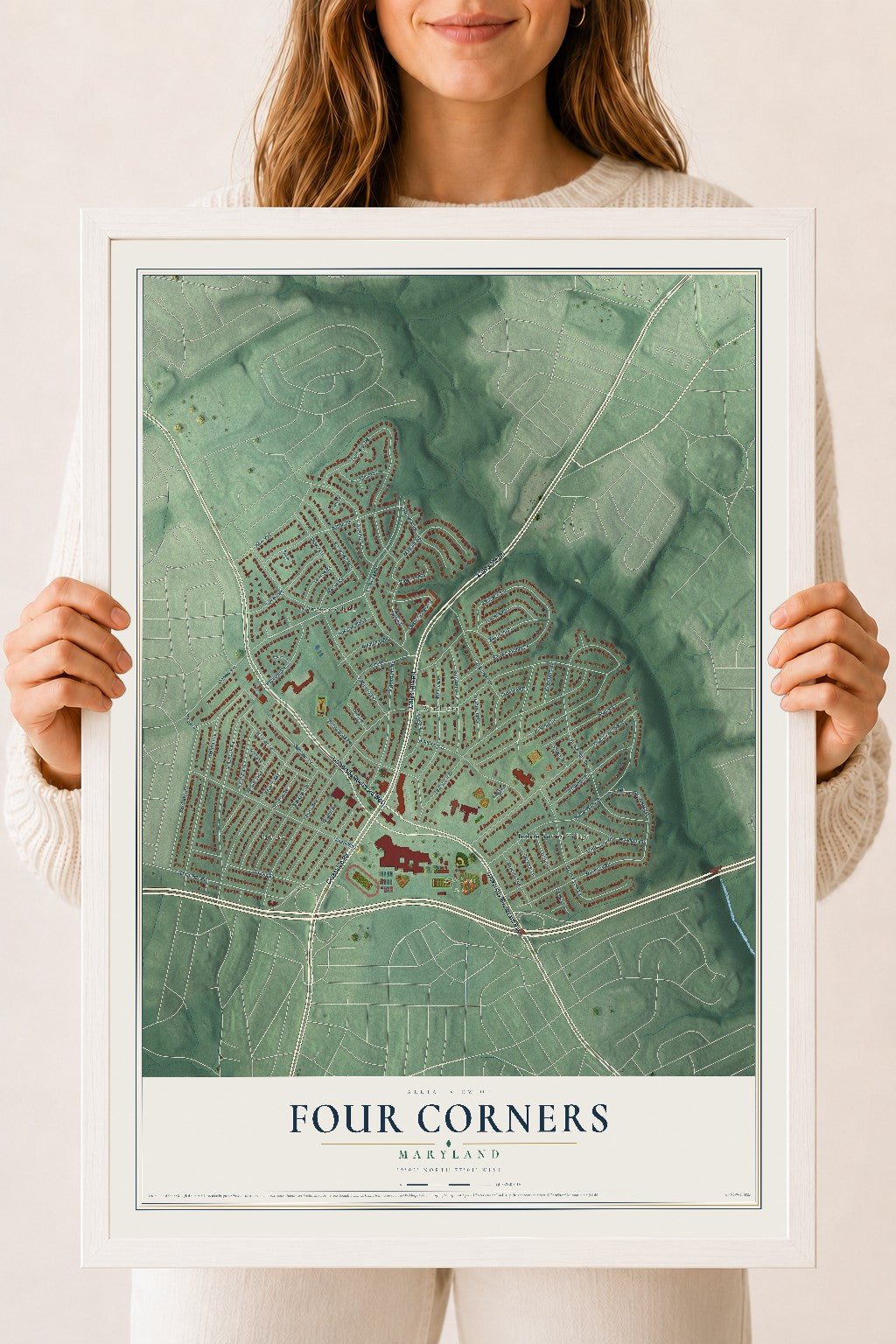 Map of Four Corners, Maryland, 18 x 24 inch print in a white wood frame