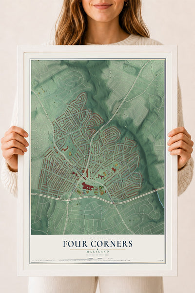 Map of Four Corners, Maryland, 18 x 24 inch print in a white wood frame