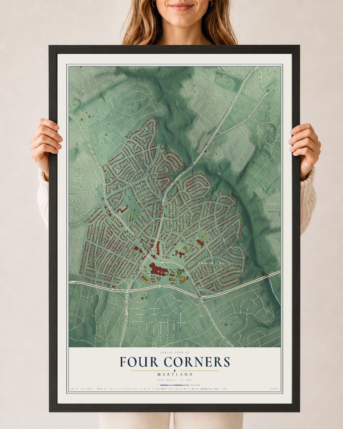 Map of Four Corners, Maryland, 24 x 36 inch print in a black wood frame
