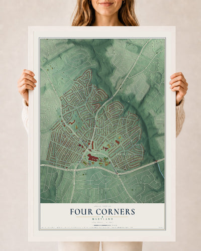 Map of Four Corners, Maryland, 24 x 36 inch print in a white wood frame