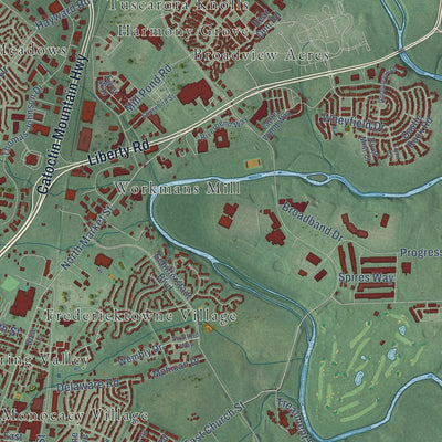 Second close-up of the map of Frederick, Maryland print showing more streets and buildings