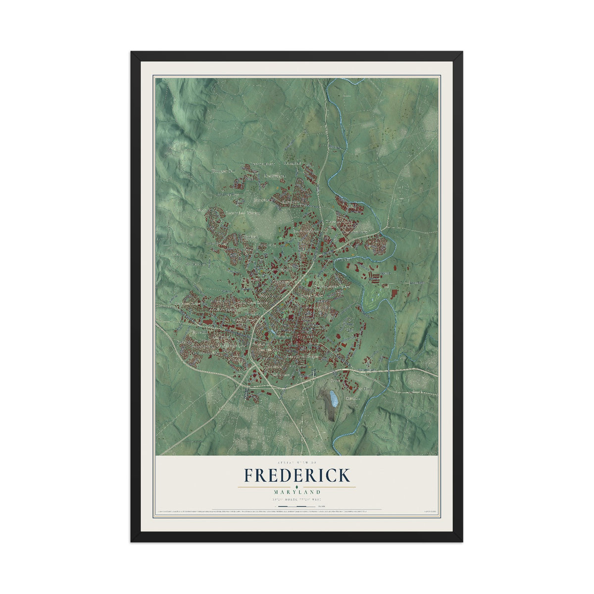 Map of Frederick, Maryland, 12 x 18 inch print in a black wood frame