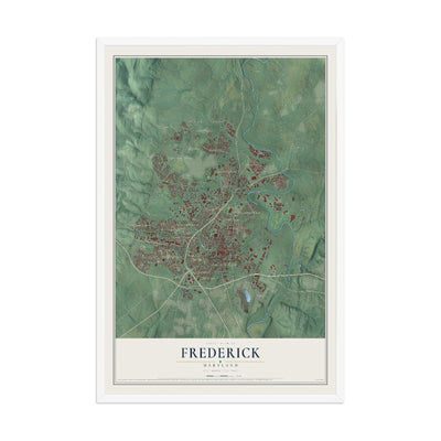 Map of Frederick, Maryland, 12 x 18 inch print in a white wood frame