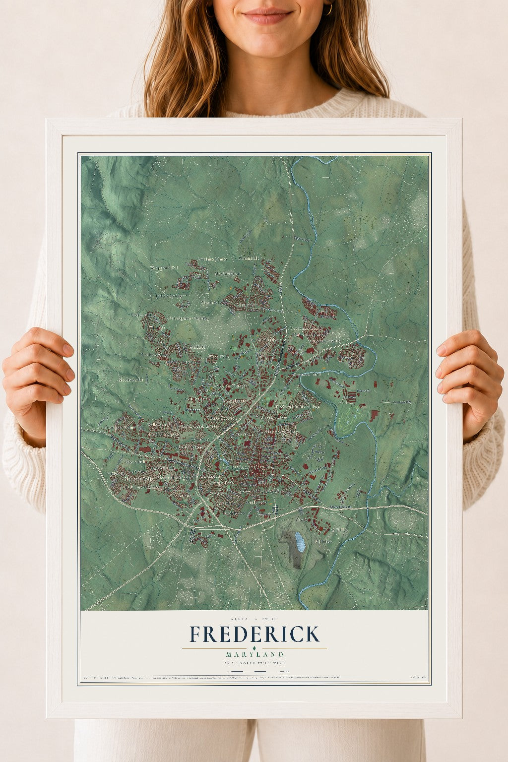 Map of Frederick, Maryland, 18 x 24 inch print in a white wood frame