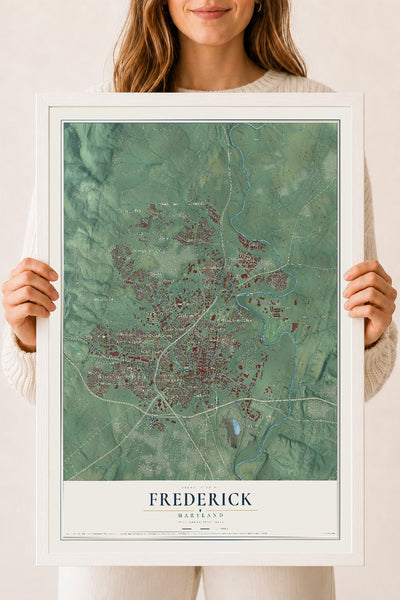 Map of Frederick, Maryland, 18 x 24 inch print in a white wood frame