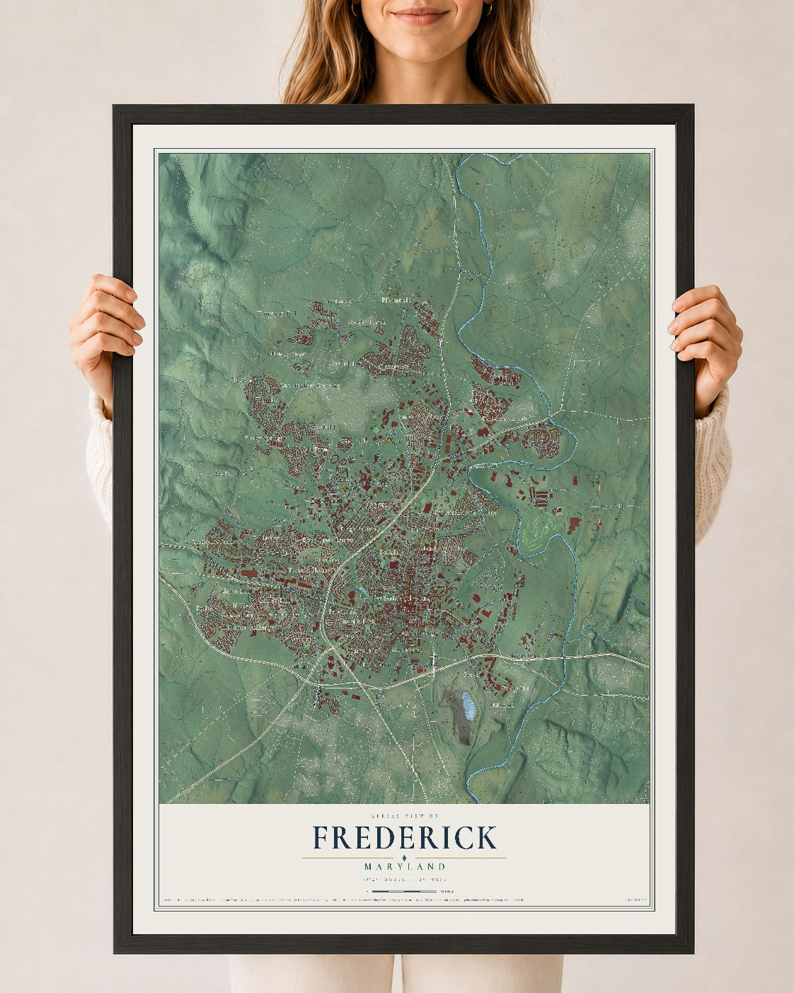 Map of Frederick, Maryland, 24 x 36 inch print in a black wood frame